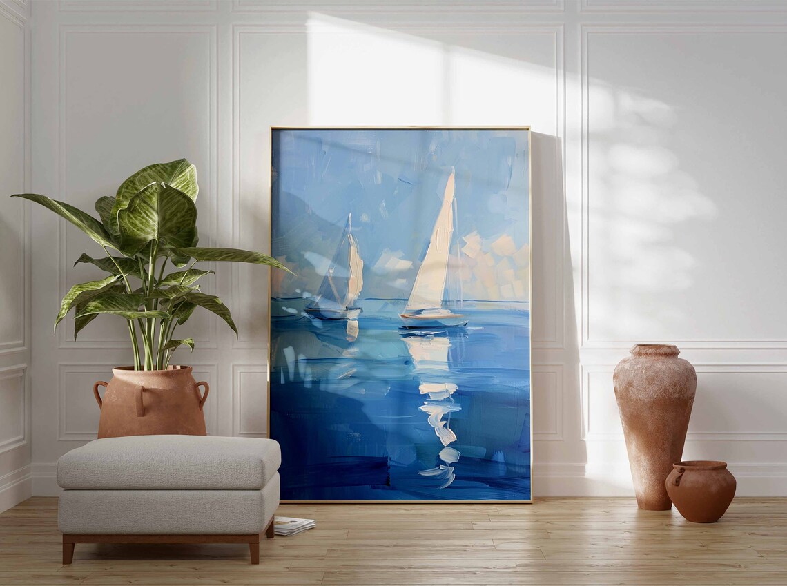 Pair of Sailboats with Water Reflections Calm Seascape Art Poster - Image 3