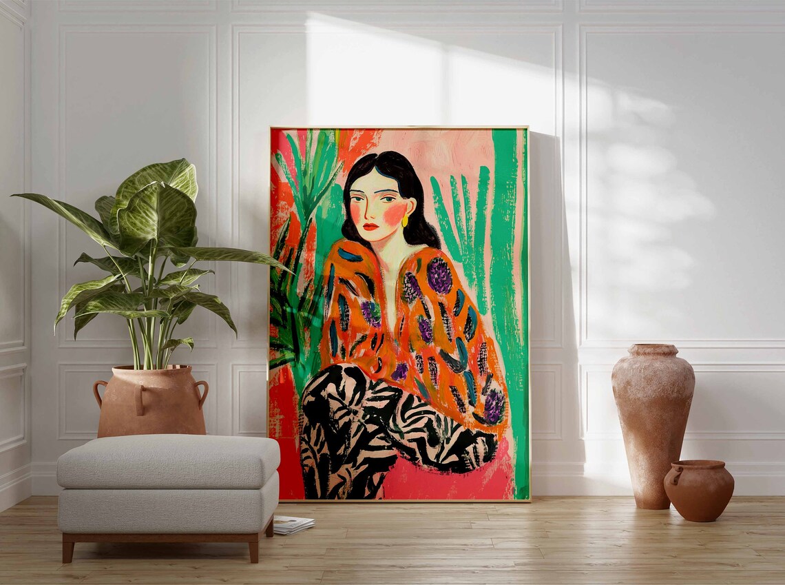Woman in Orange Floral Robe Elegant Modern Portrait Art Poster - Image 2