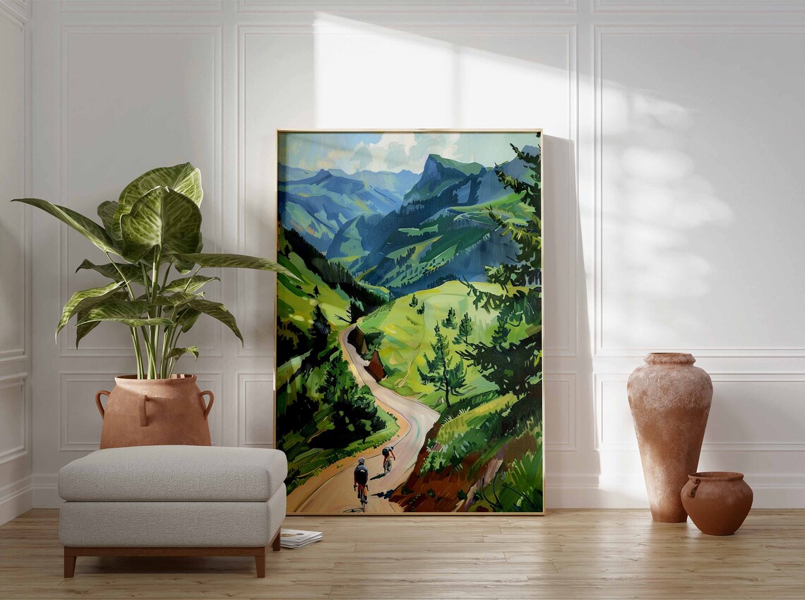 Two Cyclists Climbing Green Mountain Switchback Road Painting Poster - Image 3