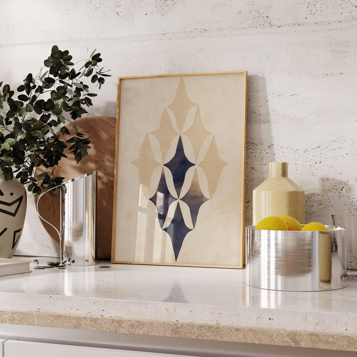Abstract Navy Diamond Shapes Minimalist Cream Beige Art Poster - Image 3