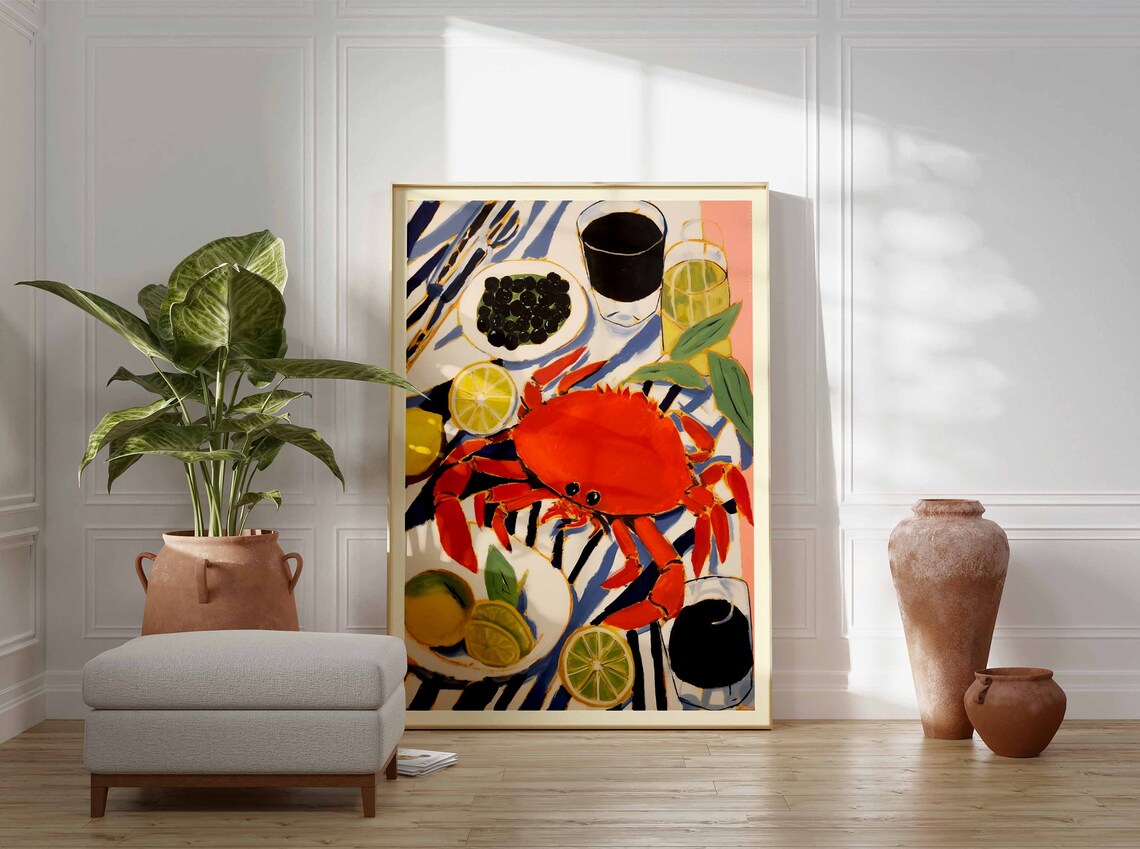 Retro Crab Seafood Kitchen Still Life Painting Art Sunny Print - Image 3