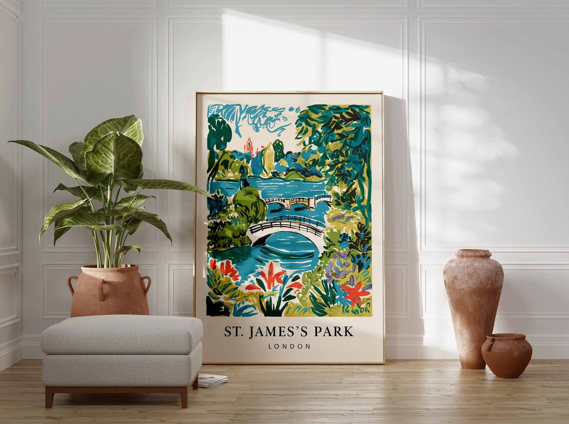St James Park London Blue Bridge Pond Painting Travel Poster - Image 3