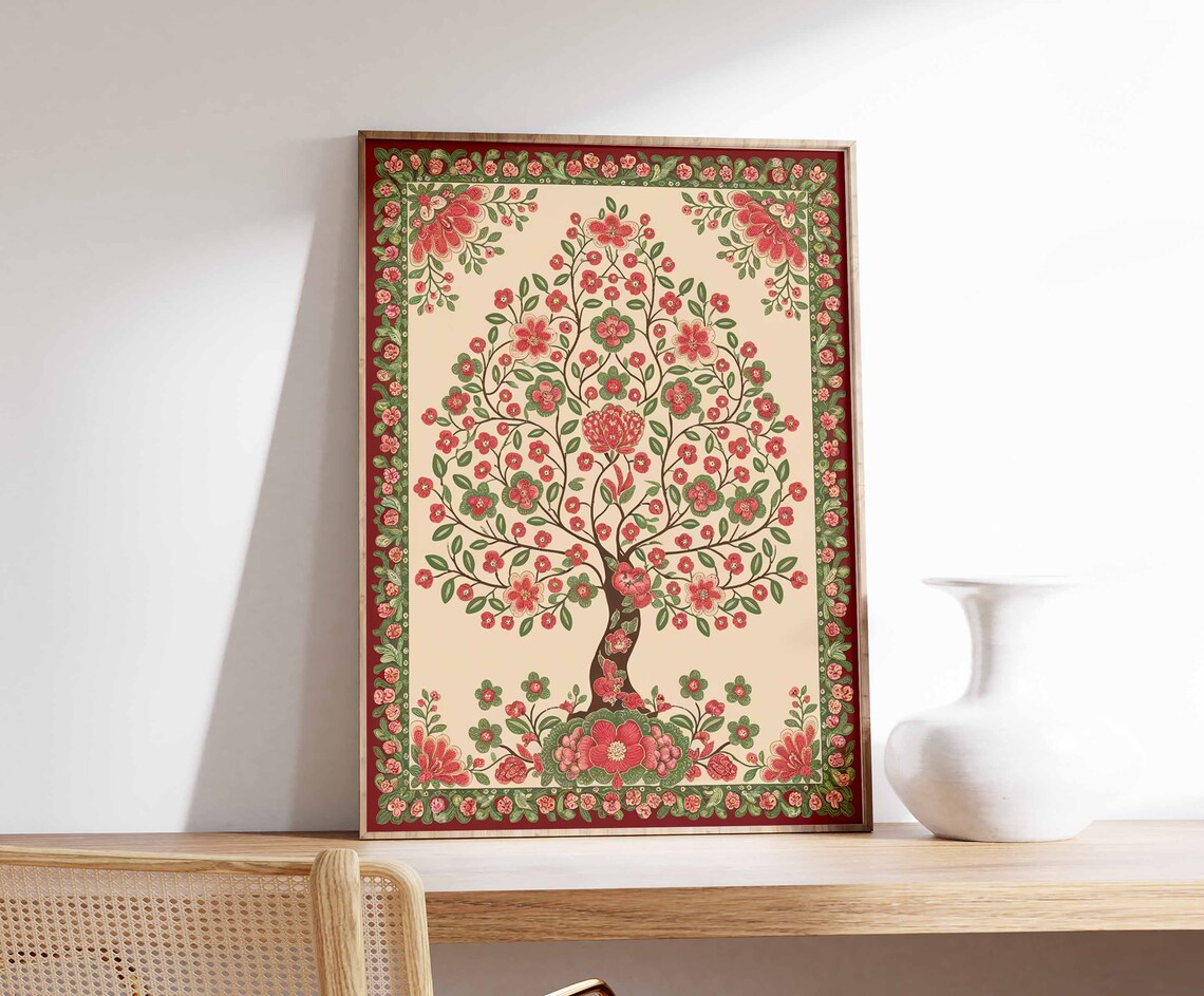 Pink Blossom Indian Tree of Life Maroon Border Poster Botanical Decor - Image 3