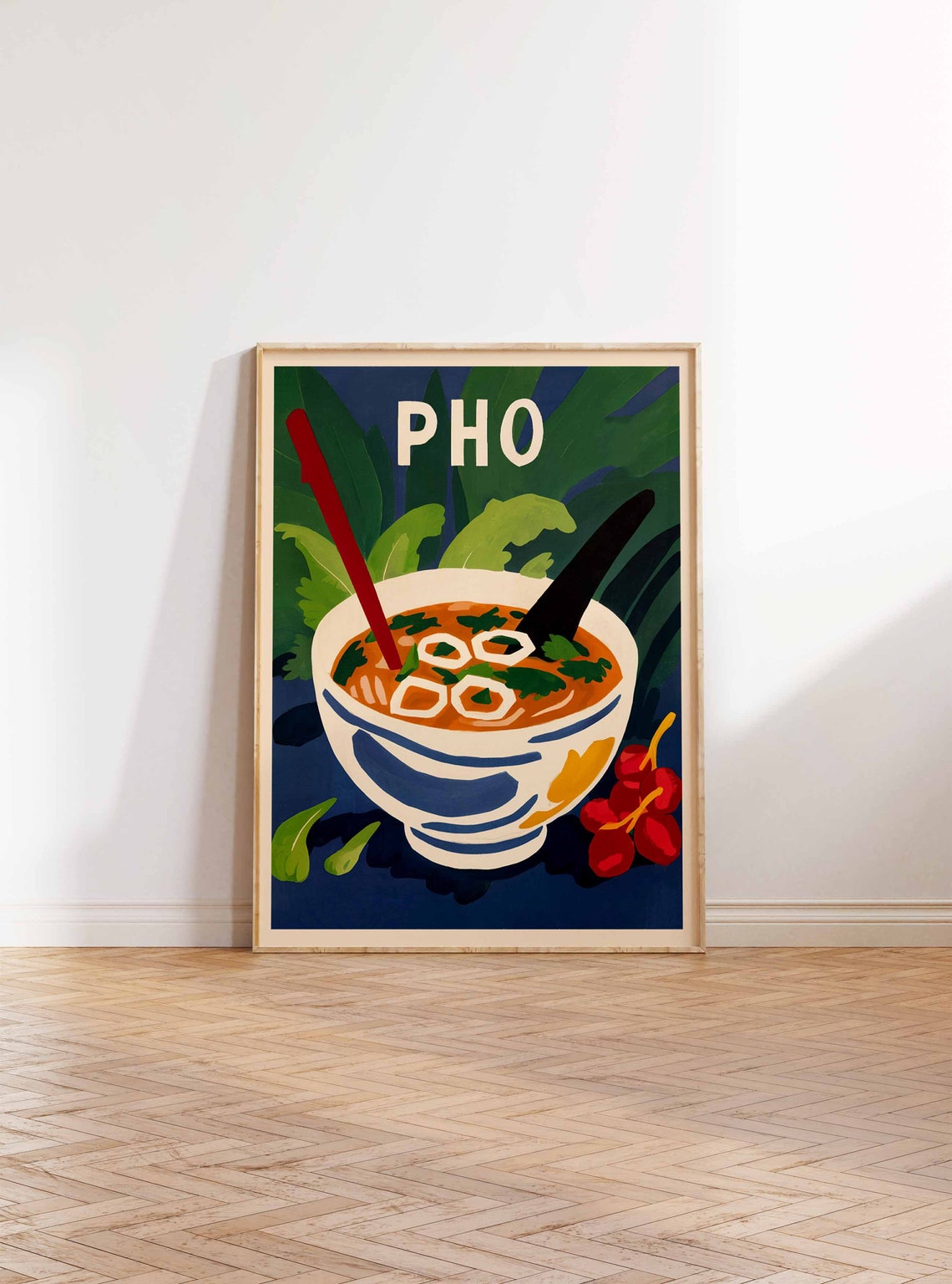Vietnamese Pho Bowl Chopsticks Tropical Leaves Kitchen Art Poster - Image 2