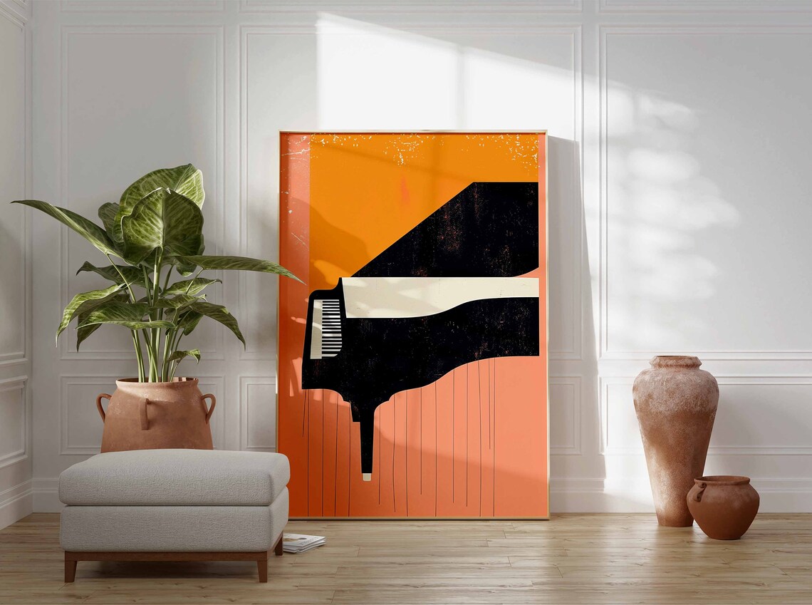 Grand Piano Print Minimalist Music Art Orange Retro Music Gift - Image 2