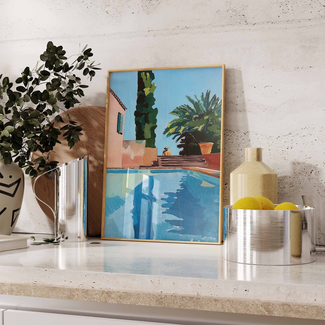 Blue Swimming Pool Mediterranean Villa Painting Poster Summer Swim Art - Image 3