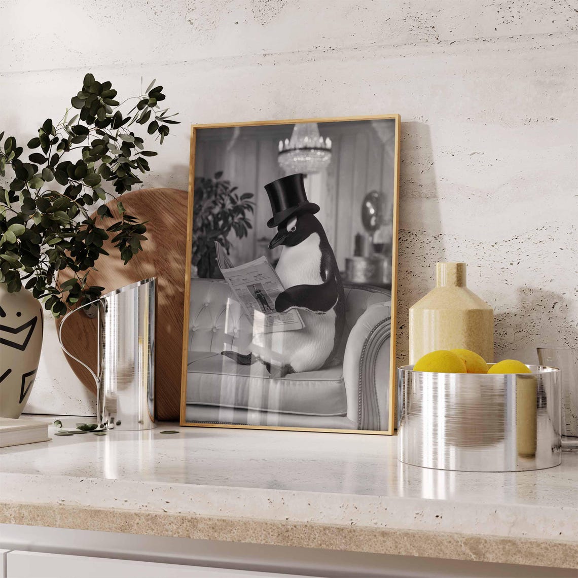 Penguin In Tall Top Hat Reading Newspaper On Elegant Sofa Poster - Image 2