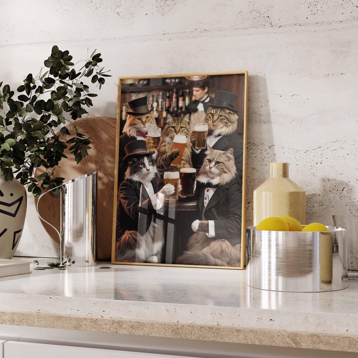 Six Tuxedo Cats in Top Hats Raising Beer Glasses in Toast Funny Poster - Image 2