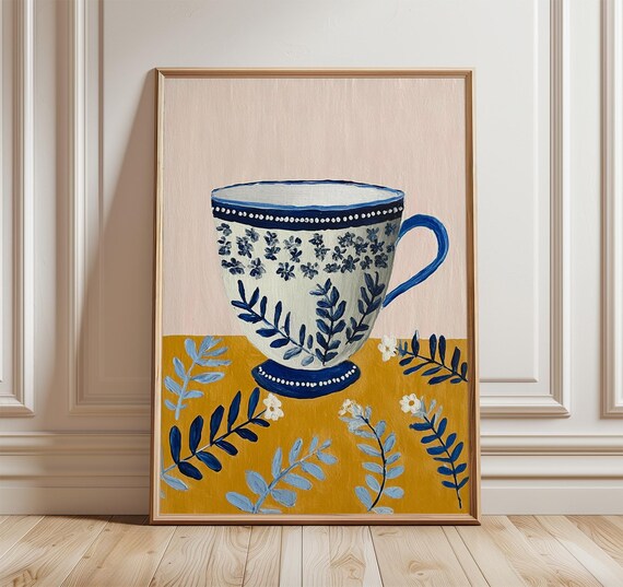 Blue Floral Teacup Watercolor Still Life Mustard Kitchen Poster Art