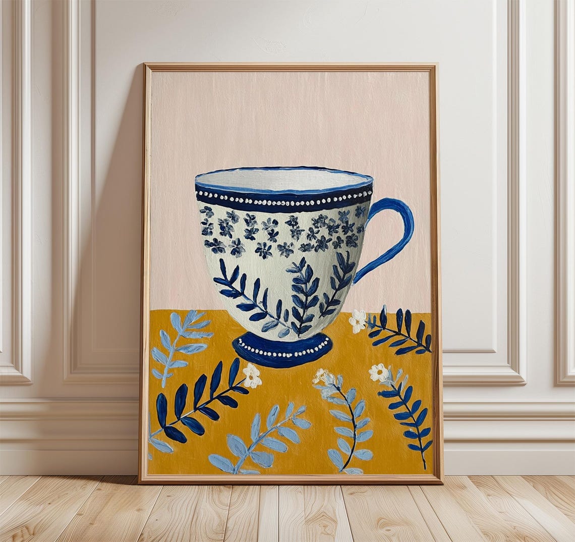 Blue Floral Teacup Watercolor Still Life Mustard Kitchen Poster Art