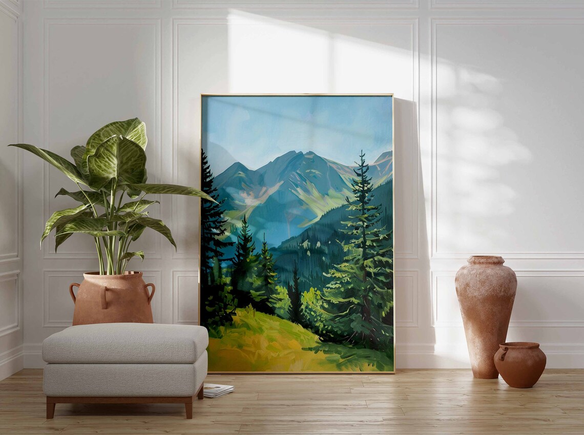 Alpine Mountain Pines Landscape Art Print Forest Painting Decor - Image 3