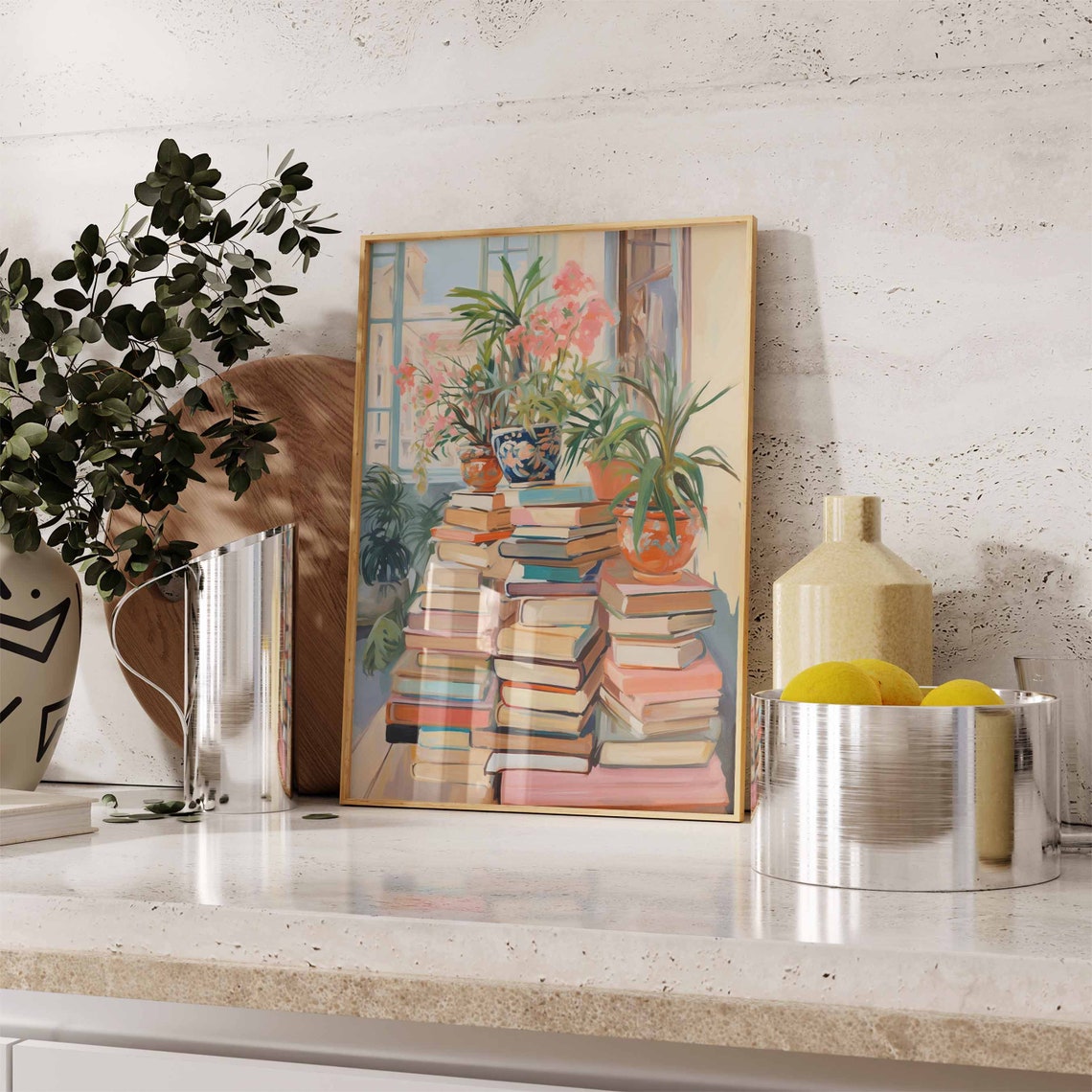 Stacked Books Potted Plants Window Light Cozy Reading Poster - Image 2
