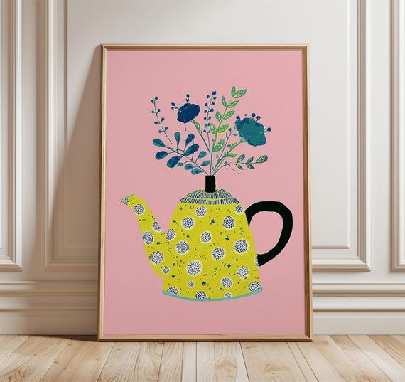 Blue Teapot And Cup Art Print Elegant Kitchen Wall With Floral Details Modern Still Life Poster For Dining Room Or Home Decor
