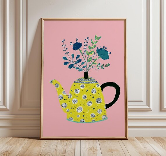 Yellow Polka Dot Teapot with Blue Bouquet Pink Kitchen Wall Poster