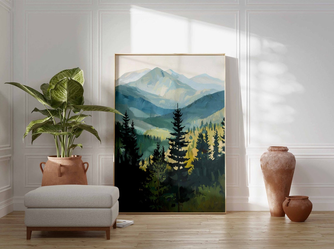 Hazy Blue Green Alpine Mountain Pine Forest Scenic Landscape Print - Image 3