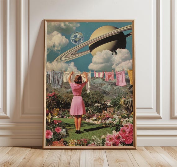 Retro Surreal Saturn Poster Cosmic Collage Wall Art Vintage Woman In Garden Print Dreamlike Space Artwork Whimsical Universe Decor