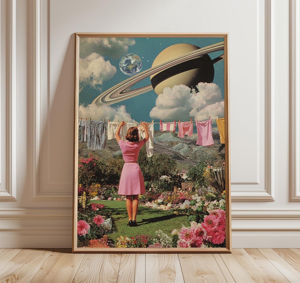 Retro Surreal Saturn Planet Collage Woman Laundry Art Poster