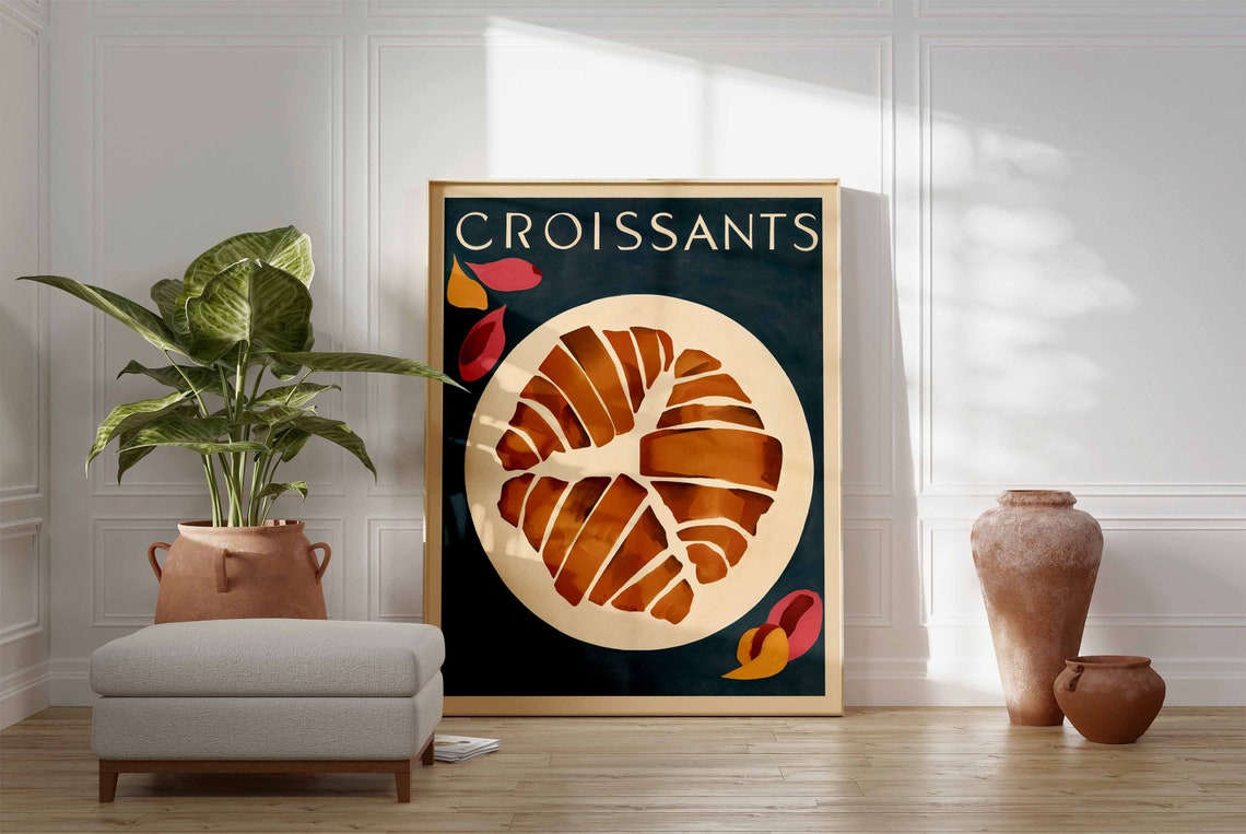 Two Croissants Plate Dark Teal Background Kitchen Art Poster - Image 3