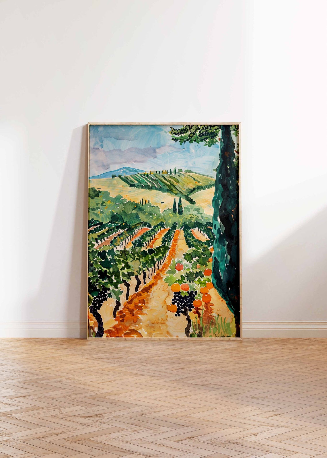 Watercolor Vineyard Landscape Art Poster Grape Vines and Cypress - Image 2