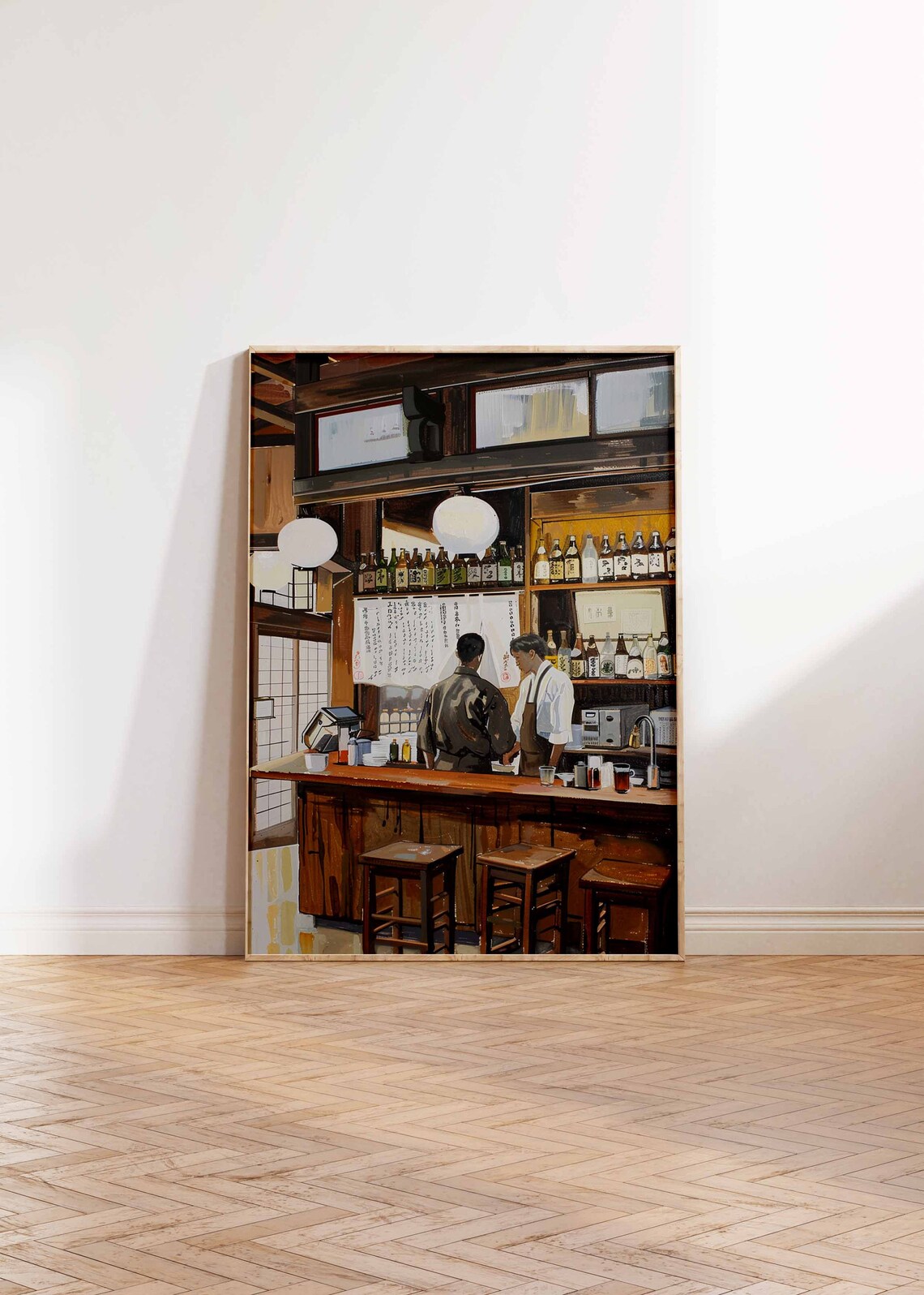 Japanese Izakaya Bar Interior Wooden Counter Paper Lanterns Painting Poster - Image 2
