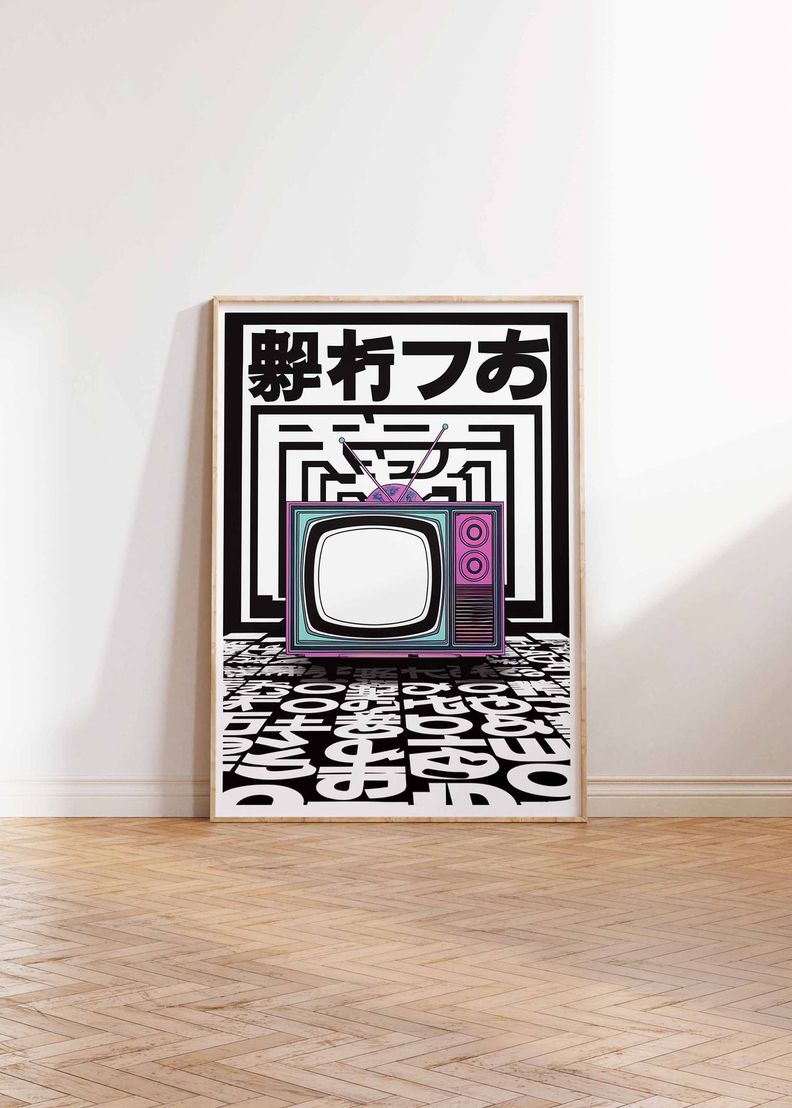 Retro Japanese Techno TV Art Poster Neon Black White Graphic - Image 2