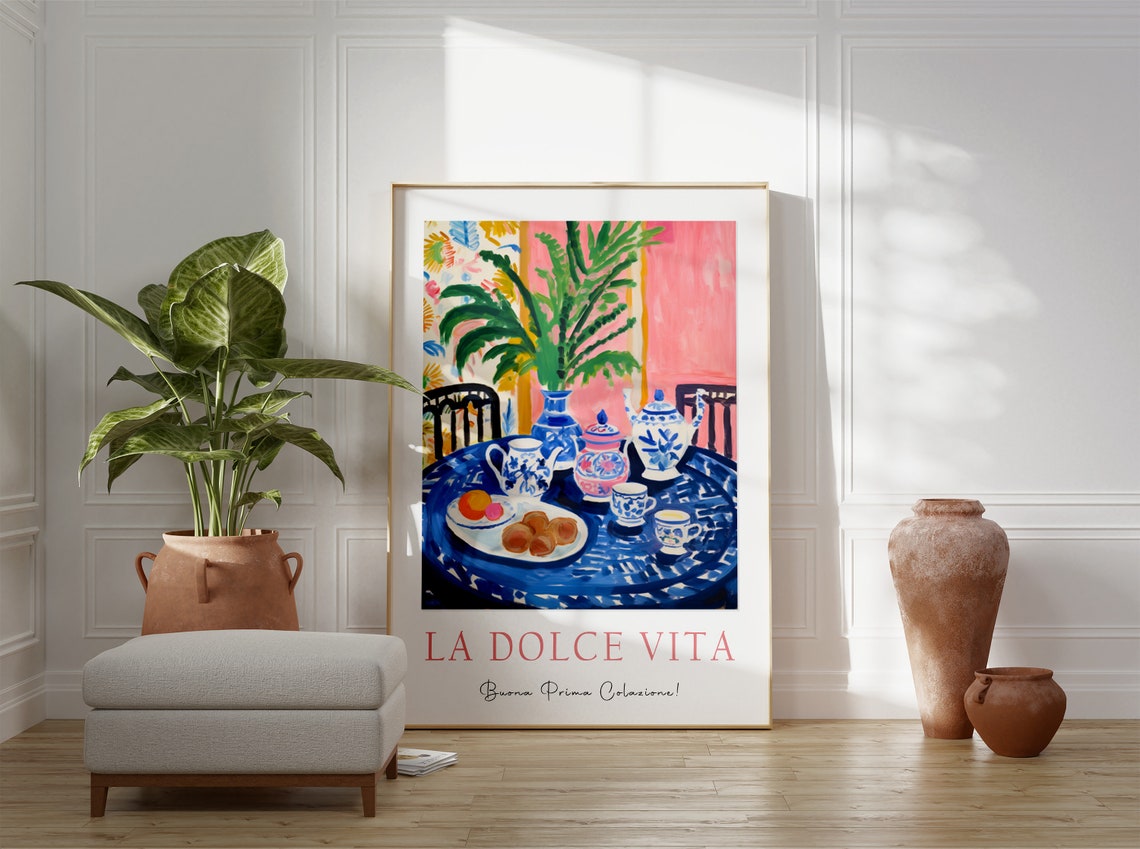 La Dolce Vita Italian Breakfast Tea Set Pink Kitchen Art Poster - Image 3