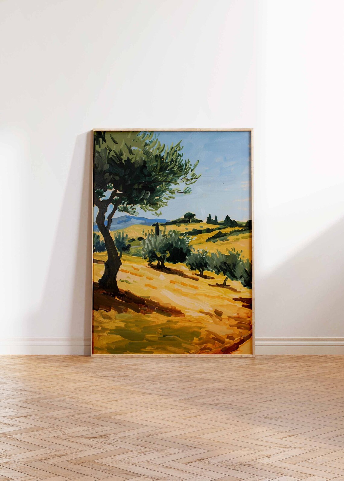 Golden Olive Grove on Sunlit Rolling Hills Under Blue Sky Poster - Image 2