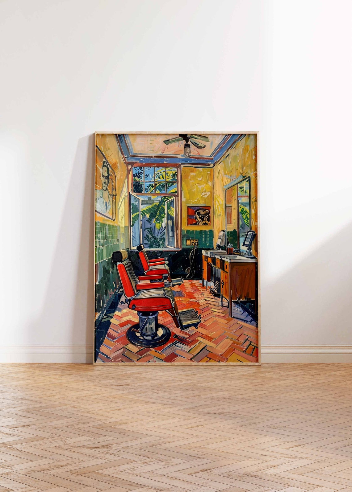 Sunlit Yellow Barbershop Red Chairs Open Door Palm Retro Salon Print - Image 2