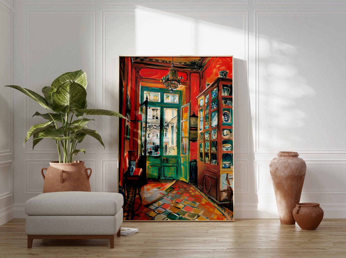 Red Hallway Interior Open Door Porcelain Cabinet Dramatic Art Print - Image 3