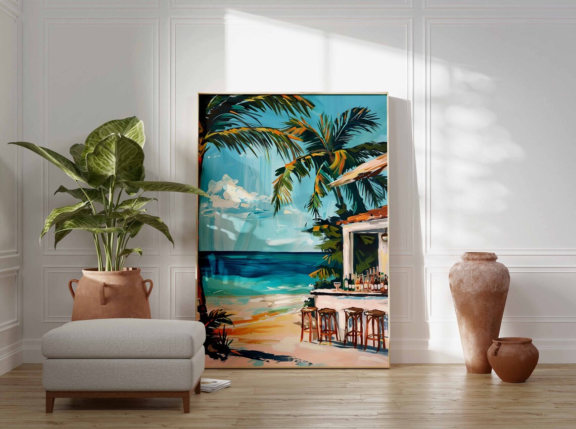 Caribbean Beach Bar Palm Trees Turquoise Sea Cocktail Stools Scene Art Poster - Image 3