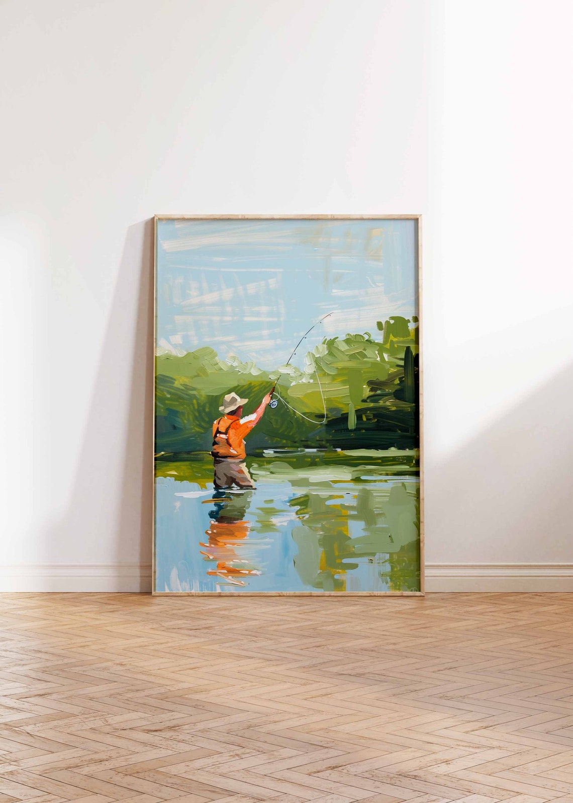 Impressionist Angler Fly Fishing Wading Through Green River Poster - Image 2