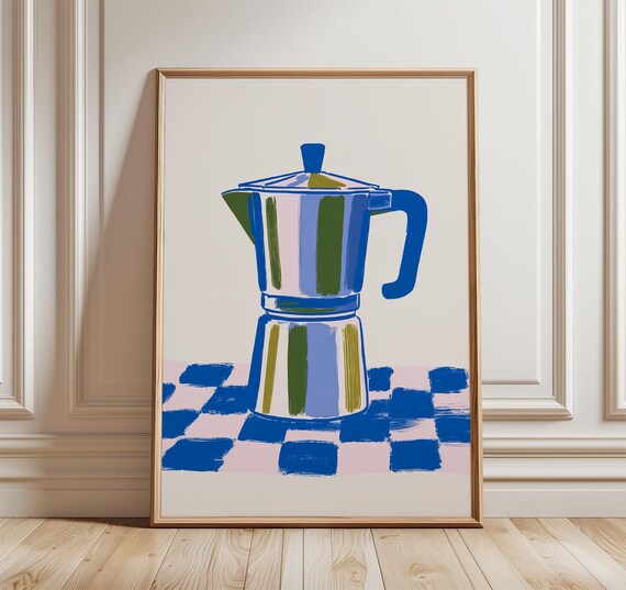 Blue Green Moka Pot Coffee Maker Checkered Kitchen Art Poster