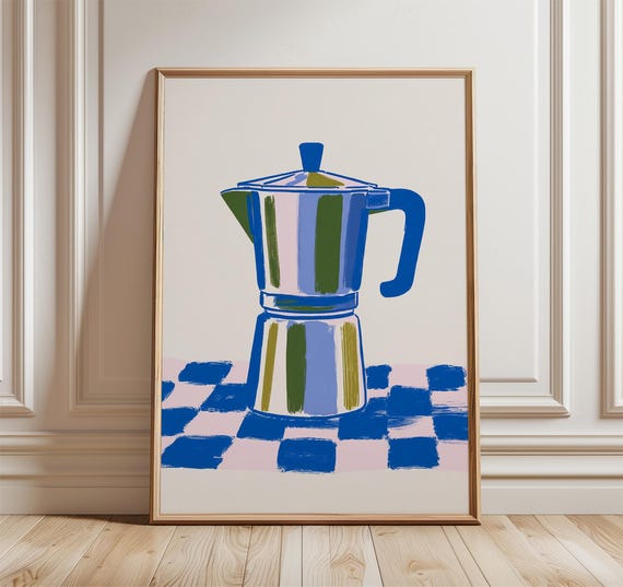 Contemporary Coffee Maker Poster Modern Abstract Moka Pot Print Bold Blue Checkered Kitchen Wall Art Stylish Cafe Decor For Home