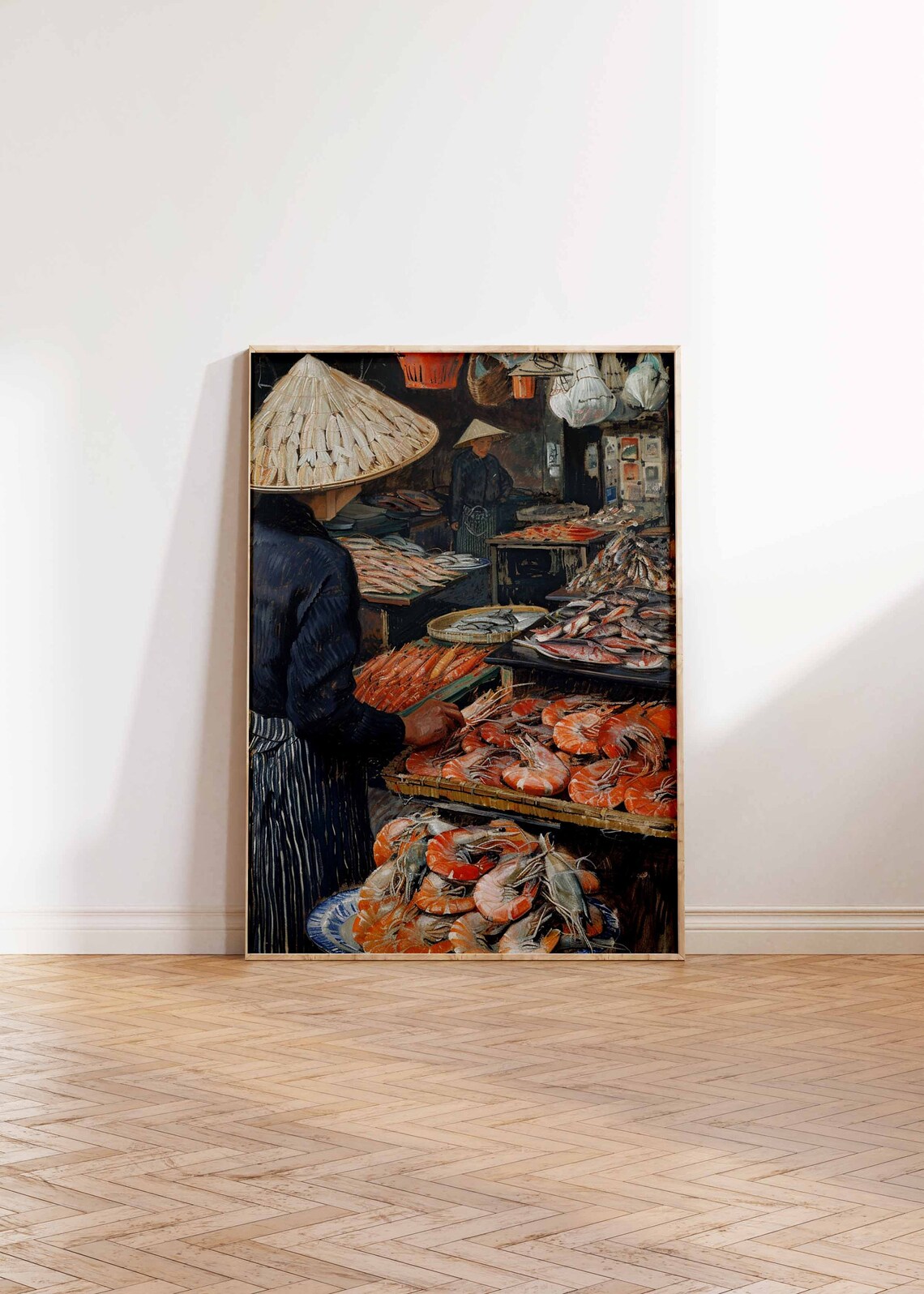 Asian Seafood Market Painting Prawn Vendors Conical Hat Street Poster - Image 2