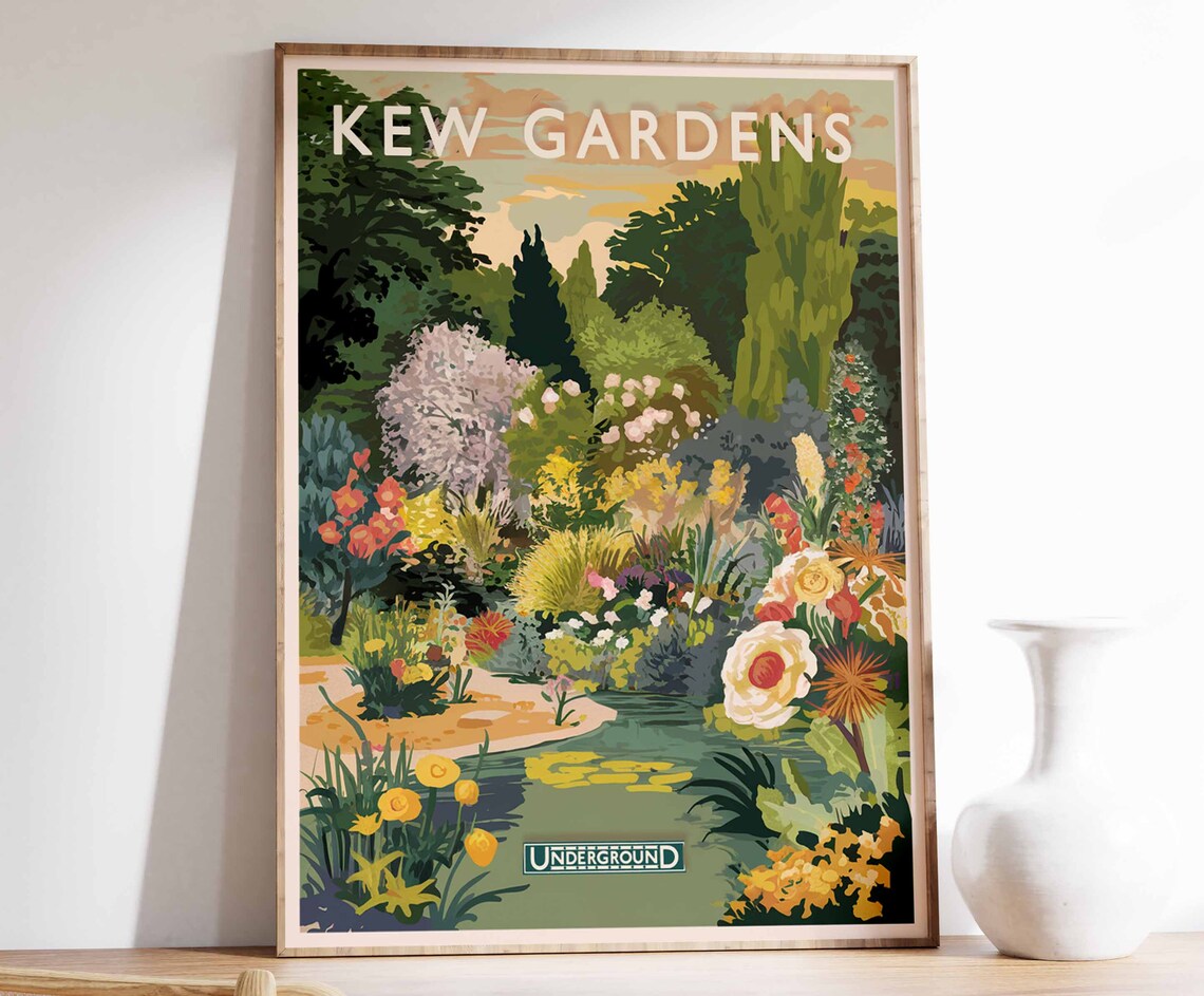 Kew Gardens Pond Flower Beds Colorful Garden Illustration Poster