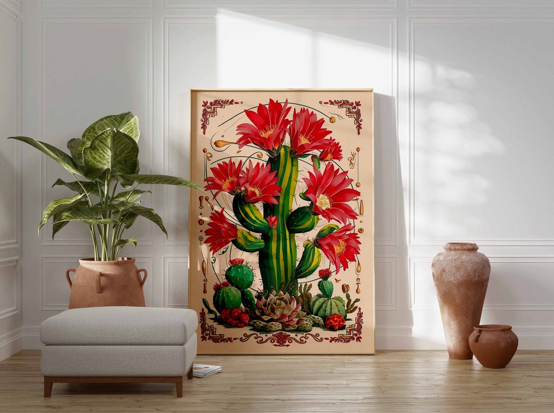 Red Flowering Cactus Succulents Vintage Mexican Botanical Poster - Image 2