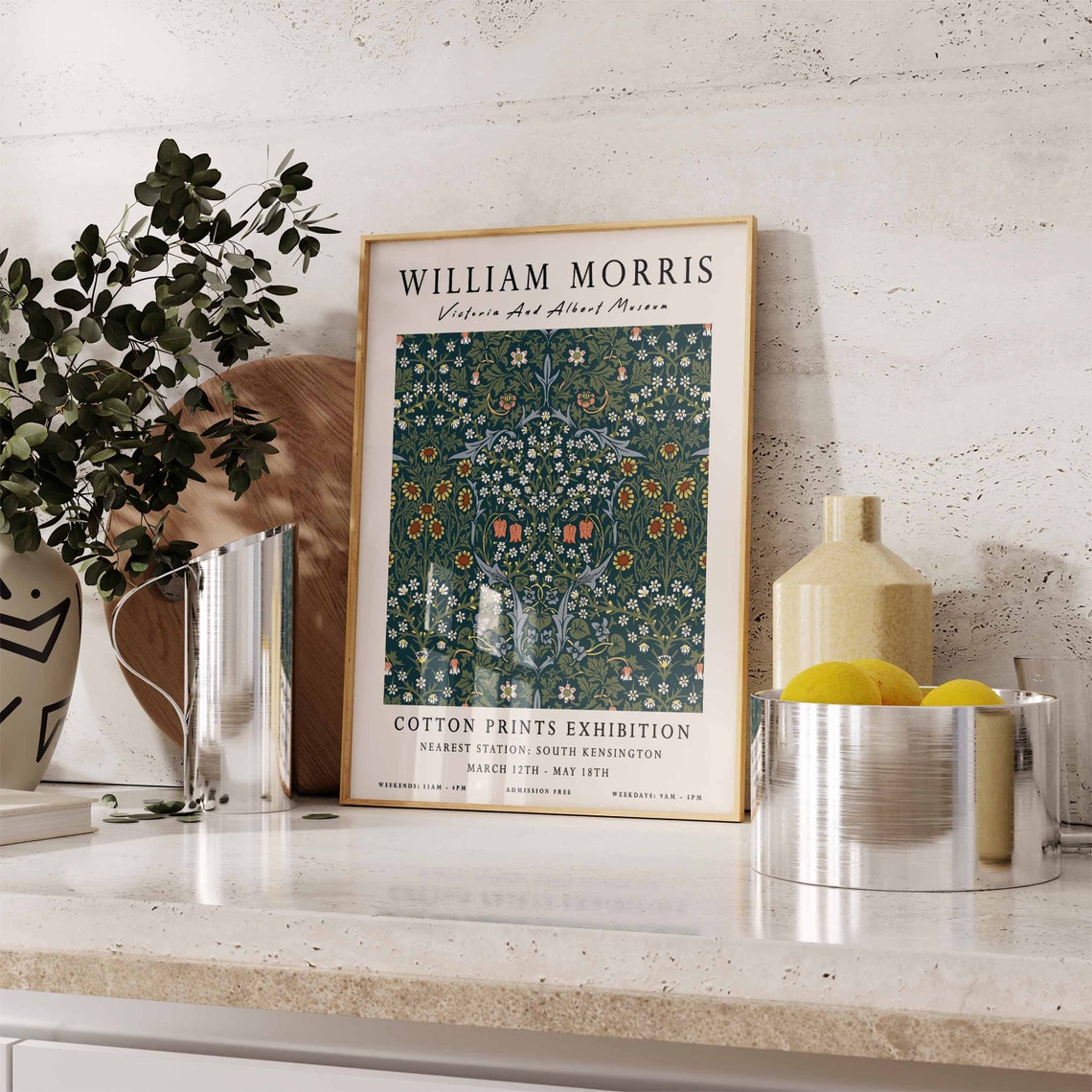 William Morris Teal Floral Cotton Prints Exhibition Art Poster - Image 2