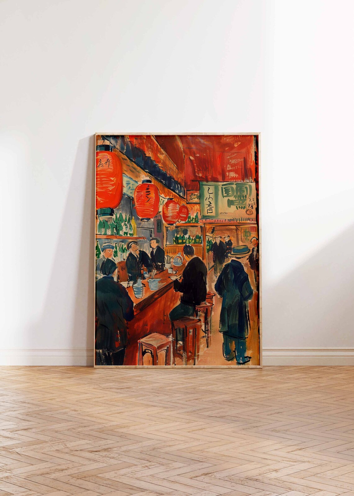 Japanese Bar Red Paper Lanterns Patrons Drinking Expressive Painting Poster - Image 2