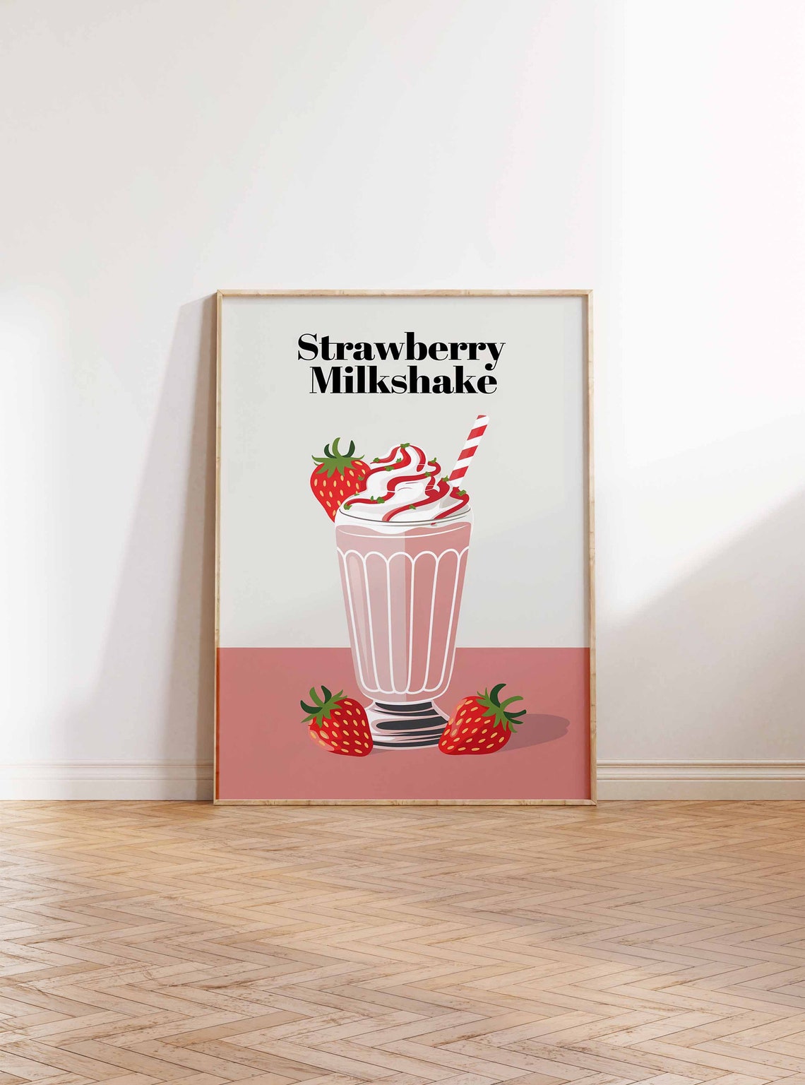 Strawberry Milkshake Classic Serif Cream Retro Kitchen Poster - Image 2