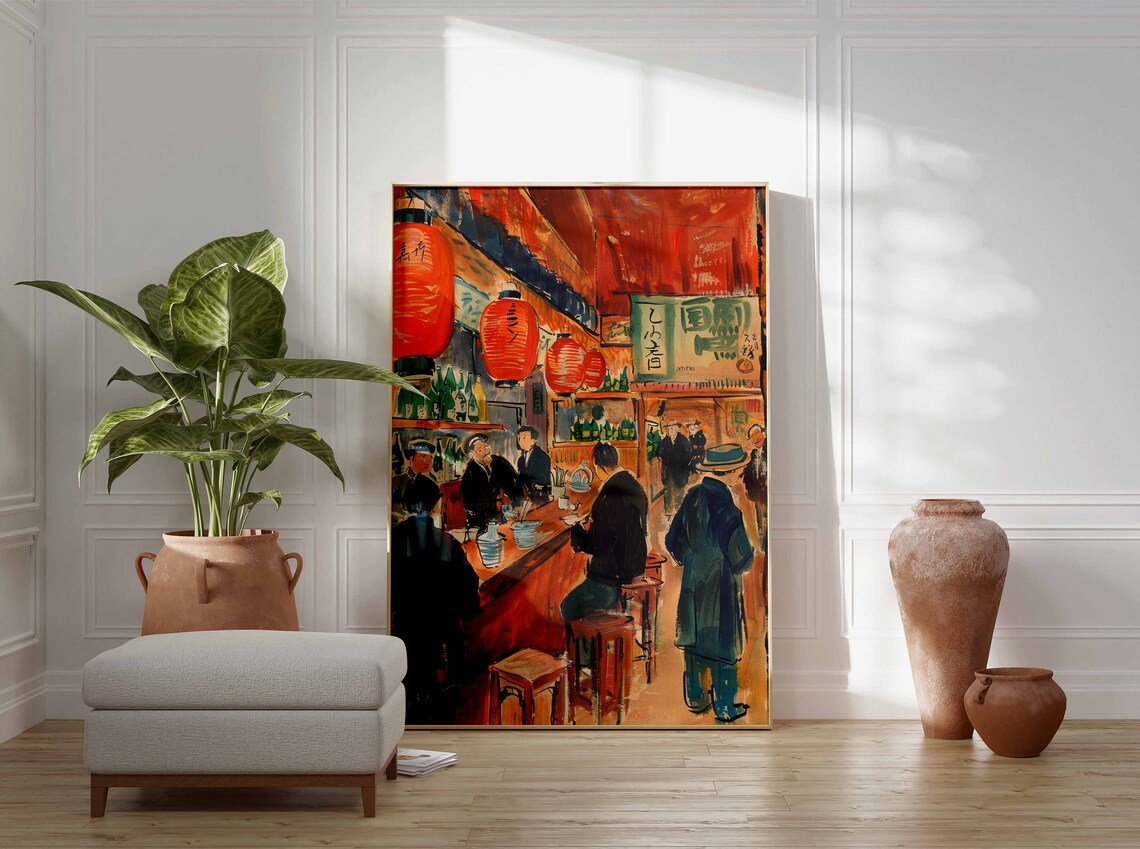 Japanese Bar Red Paper Lanterns Patrons Drinking Expressive Painting Poster - Image 3