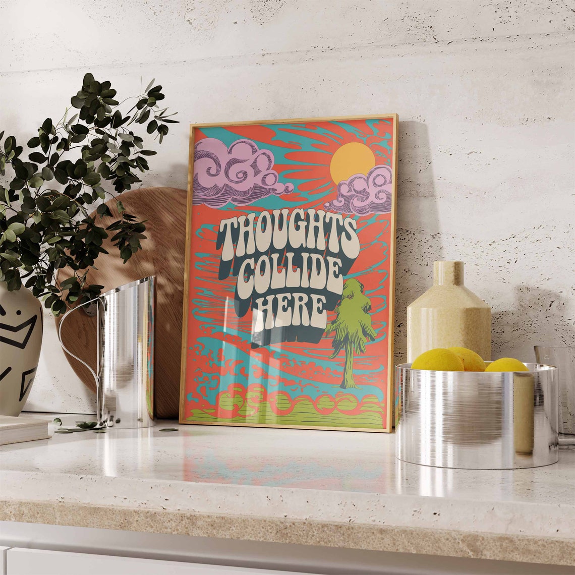 Thoughts Collide Here Retro 70s Psychedelic Quote Art Poster - Image 3
