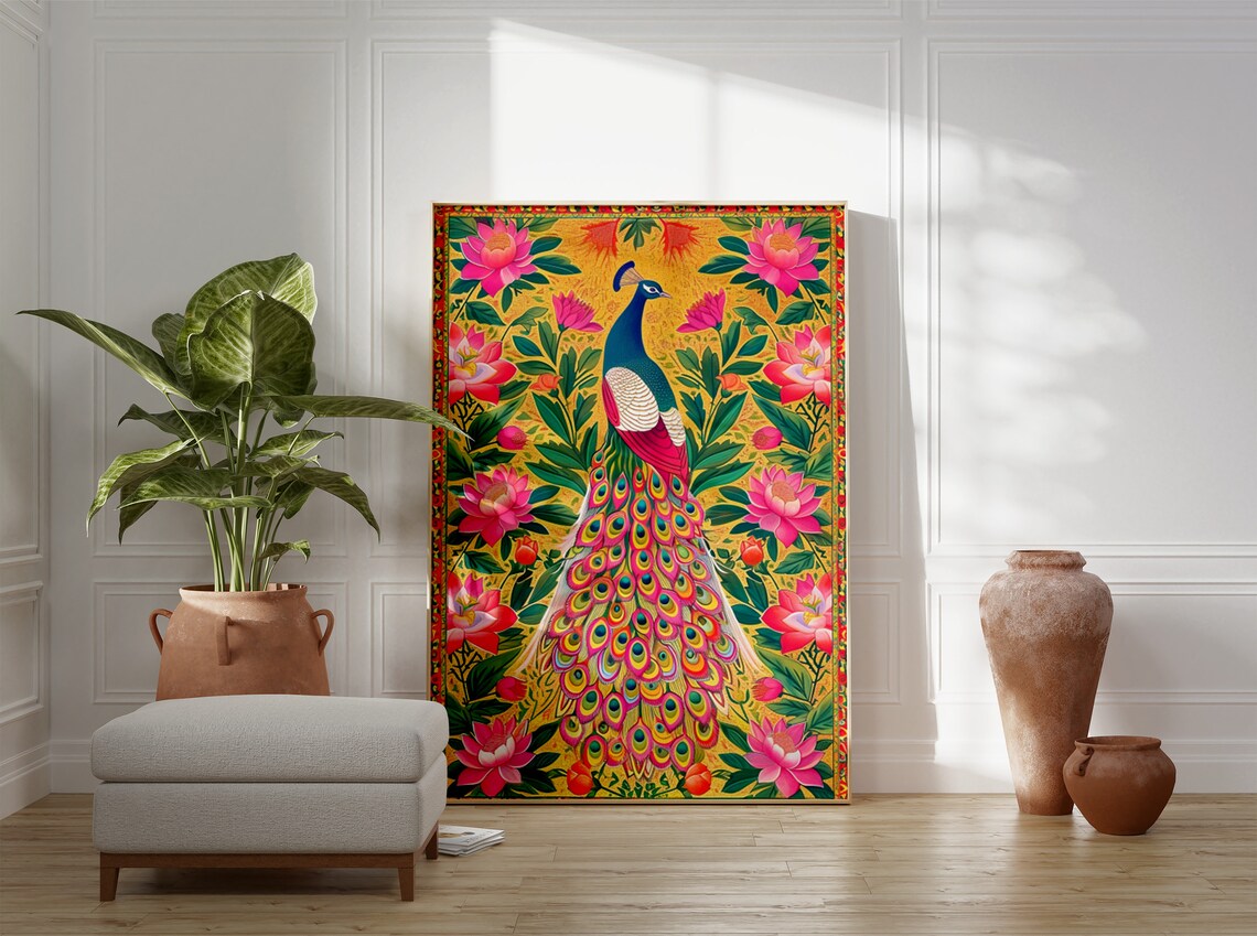 Indian Peacock Pichwai Style Folk Art Lotus Flower Bird Poster - Image 3