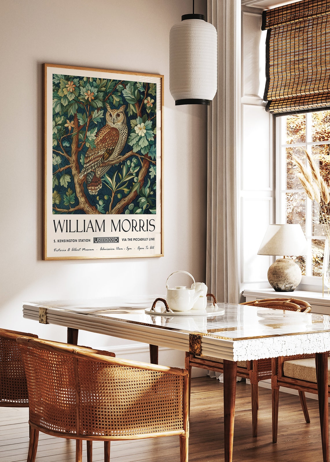 William Morris Tawny Owl in Fruit Tree Botanical Style Art Poster - Image 2