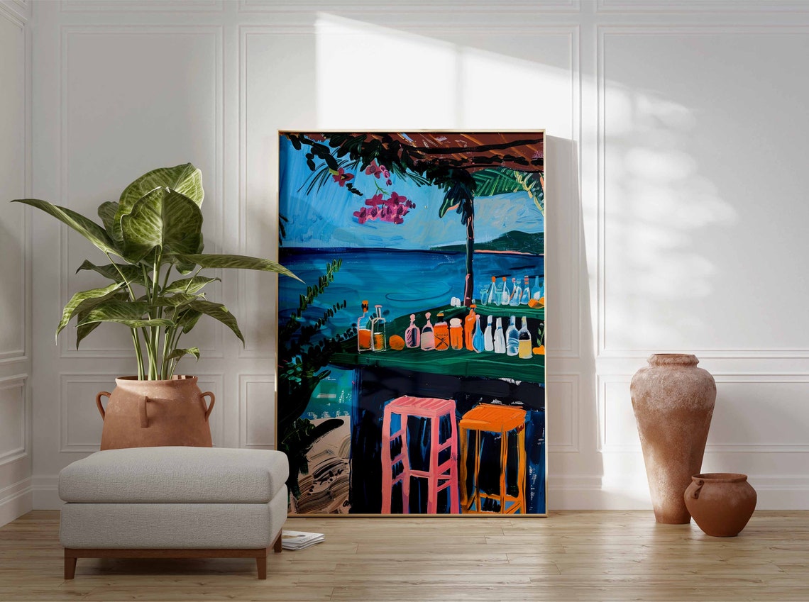 Colorful Beach Bar Bottles Pink Stools Bougainvillea Ocean View Poster - Image 3