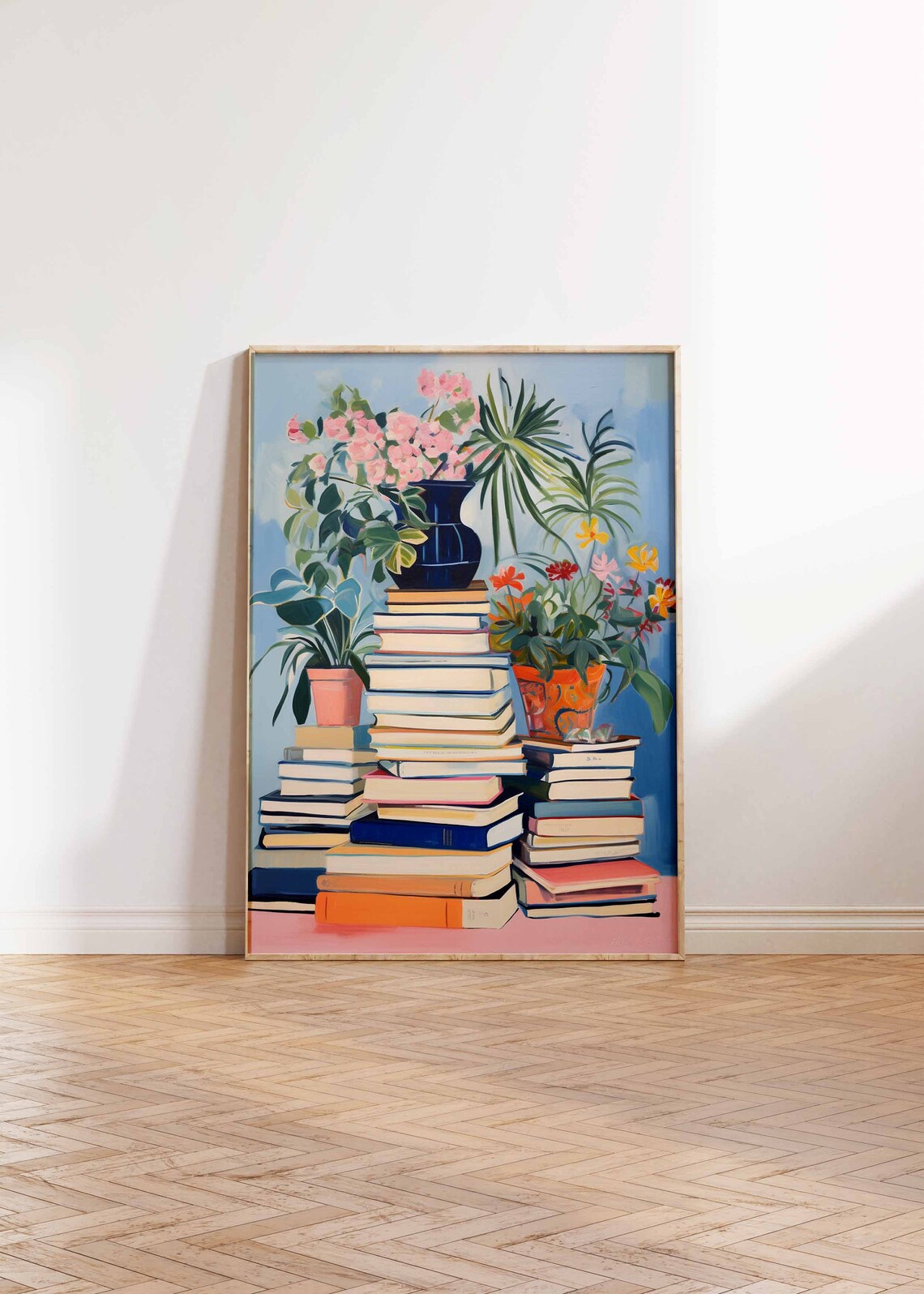 Stacked Books with Potted Plants Pastel Floral Still Life Art Poster - Image 2