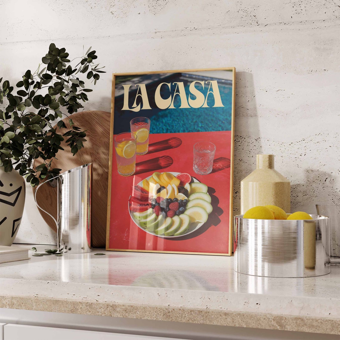 La Casa Red Table Fruit Platter Poolside Lemonade Retro Poster - Image 3
