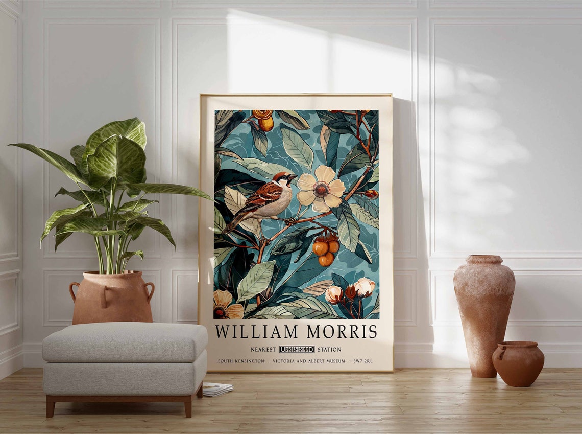 William Morris Bird on Branch With White Blossoms Teal Art Poster - Image 3