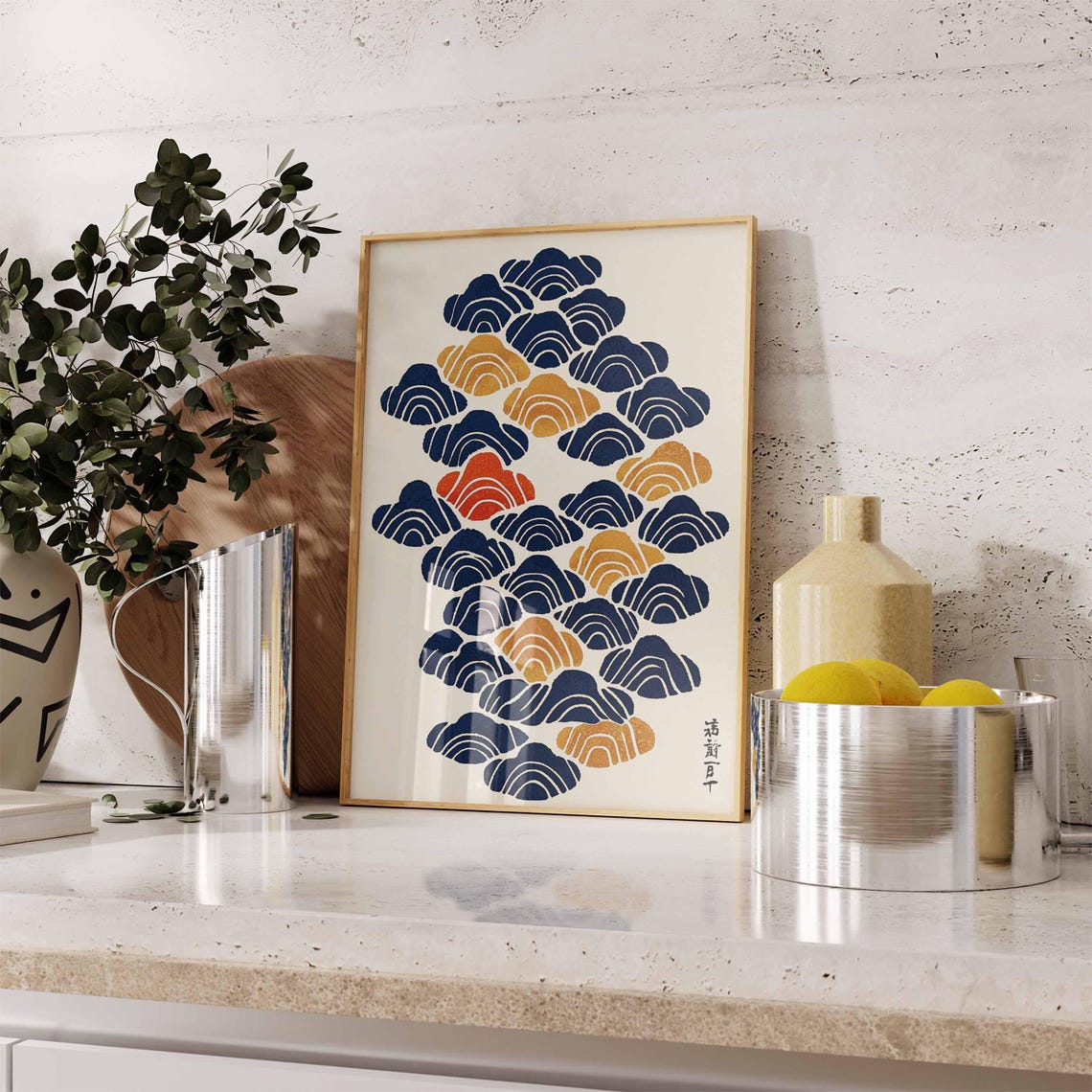 Japanese Wave Cloud Pattern Indigo Gold Retro Style Art Poster - Image 3