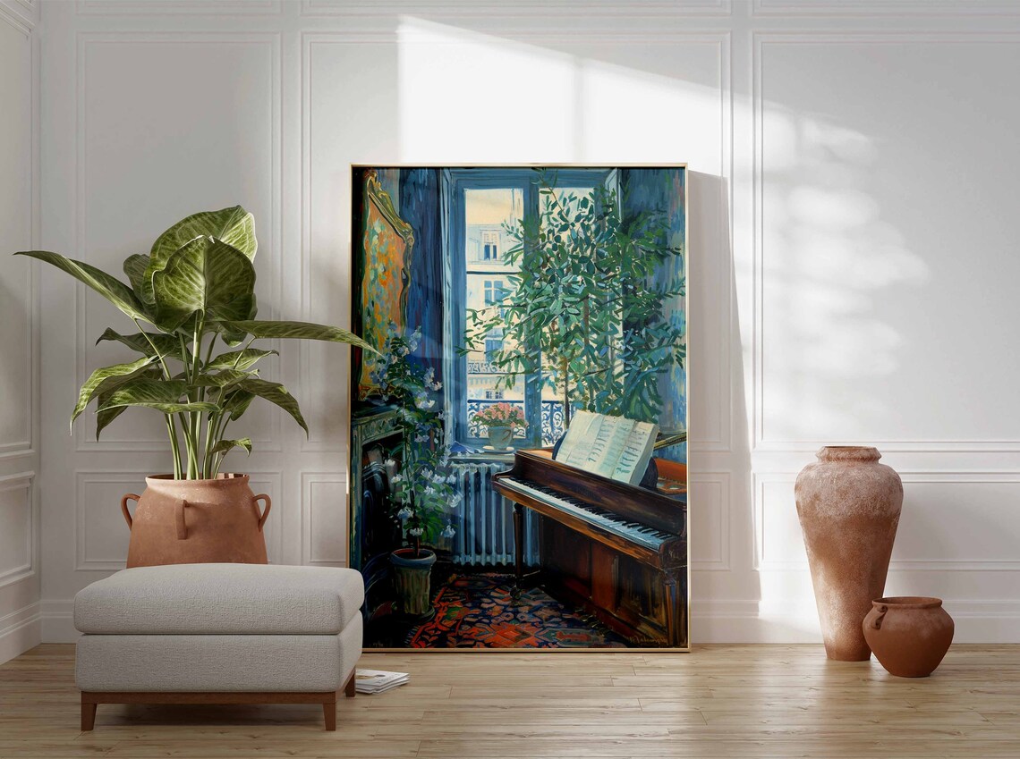 Grand Piano by Window Interior Plant Painted Music Room Art Poster - Image 2