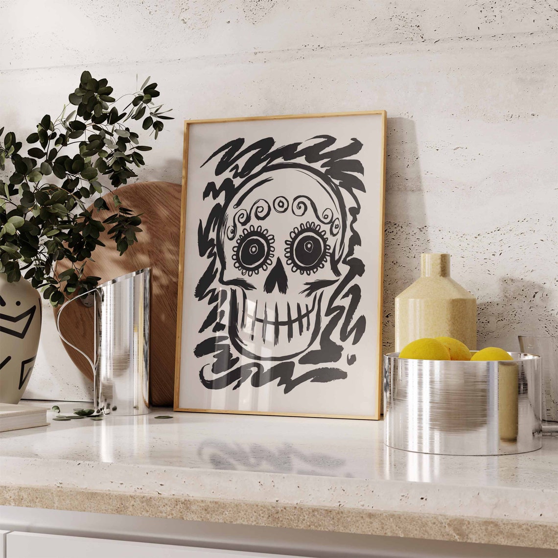 Sugar Skull In Profile With Bold Black Brushstroke Art Poster - Image 3